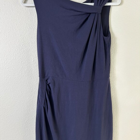 Ann Taylor Sheath Dress Size 2 Navy Sleeveless Ruched Asymmetrical Neck Stretch - Picture 3 of 12